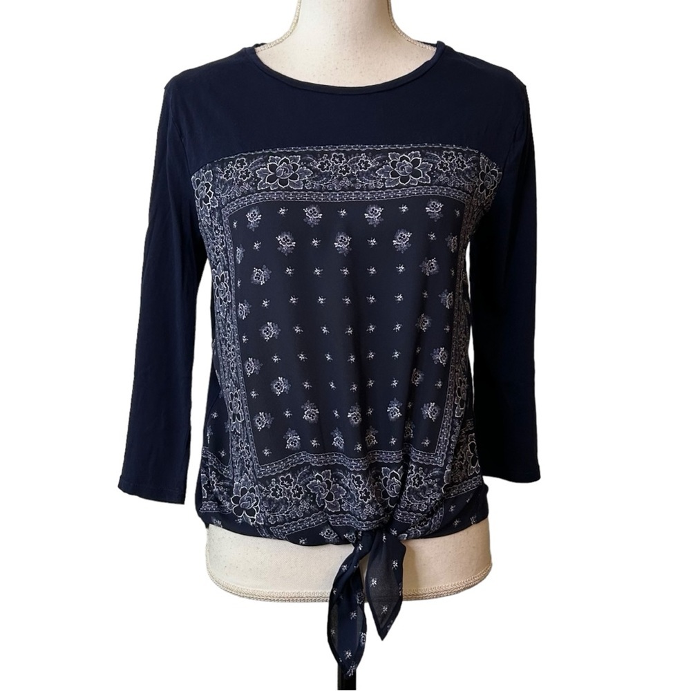 NY & Co SOHO Bandana Print Tie Waist Mixed Media Top SZ Small Navy Cowgirl
